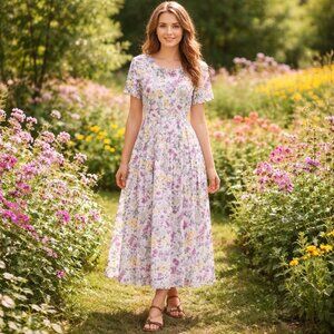 Vtg 1990s Carol Anderson California Midi Dress Size 6 White Lavender Floral